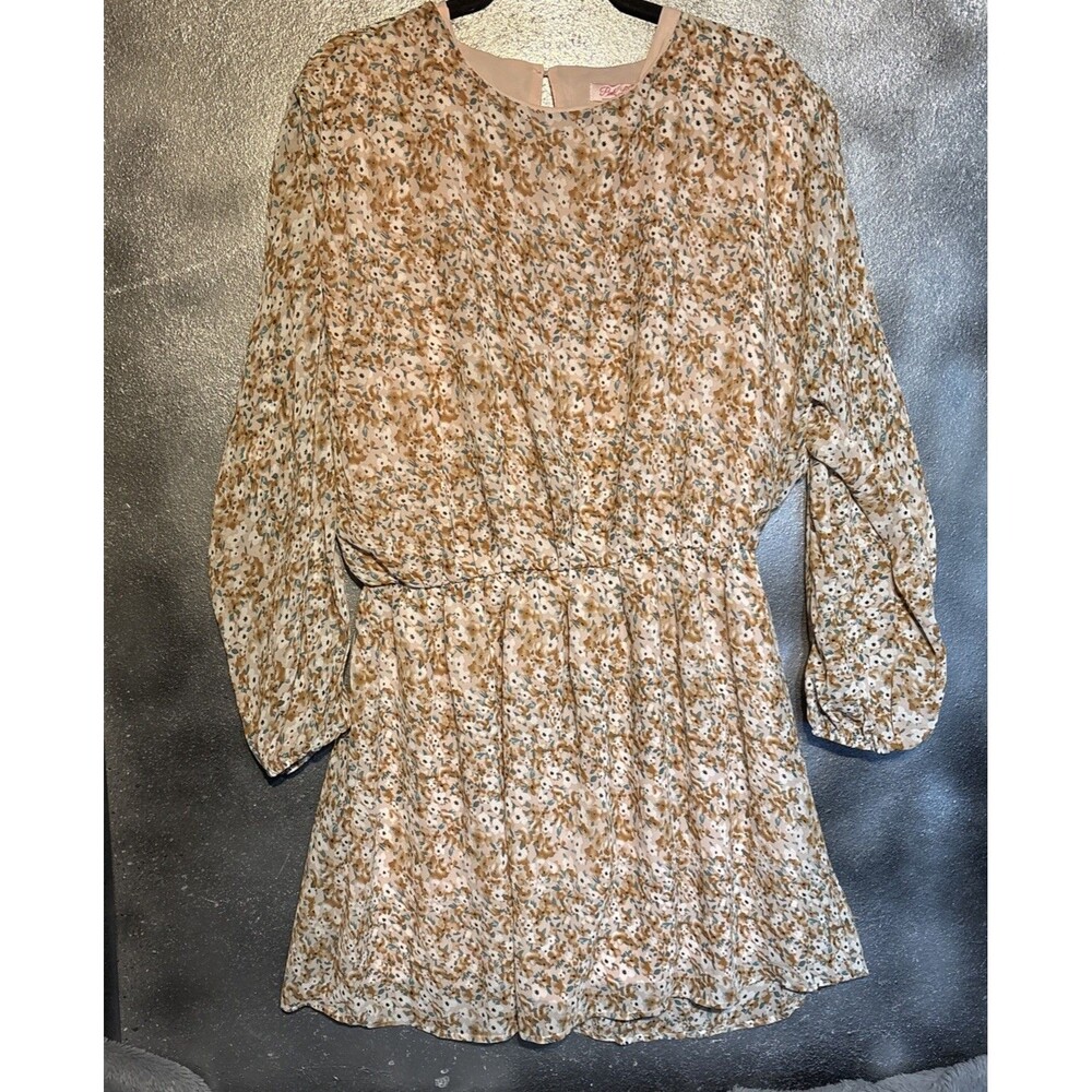 Pink Lily Boutique Ditsy Dress L Long Dolman Sleeve Elastic Waist Tan Floral